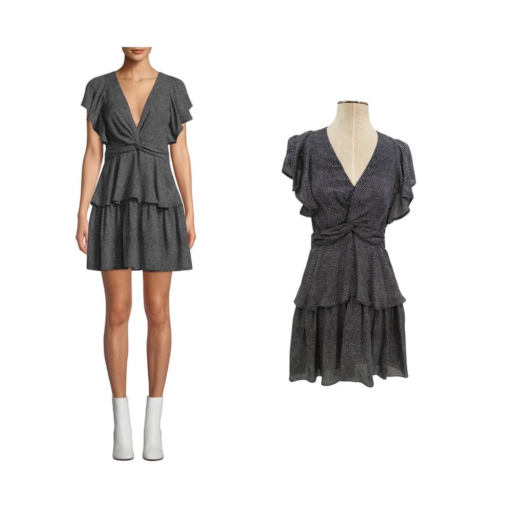 A.L.C. Viera Rimini Polka Dot Print Silk Flutter Sleeve Mini Dress Black Size 4‎